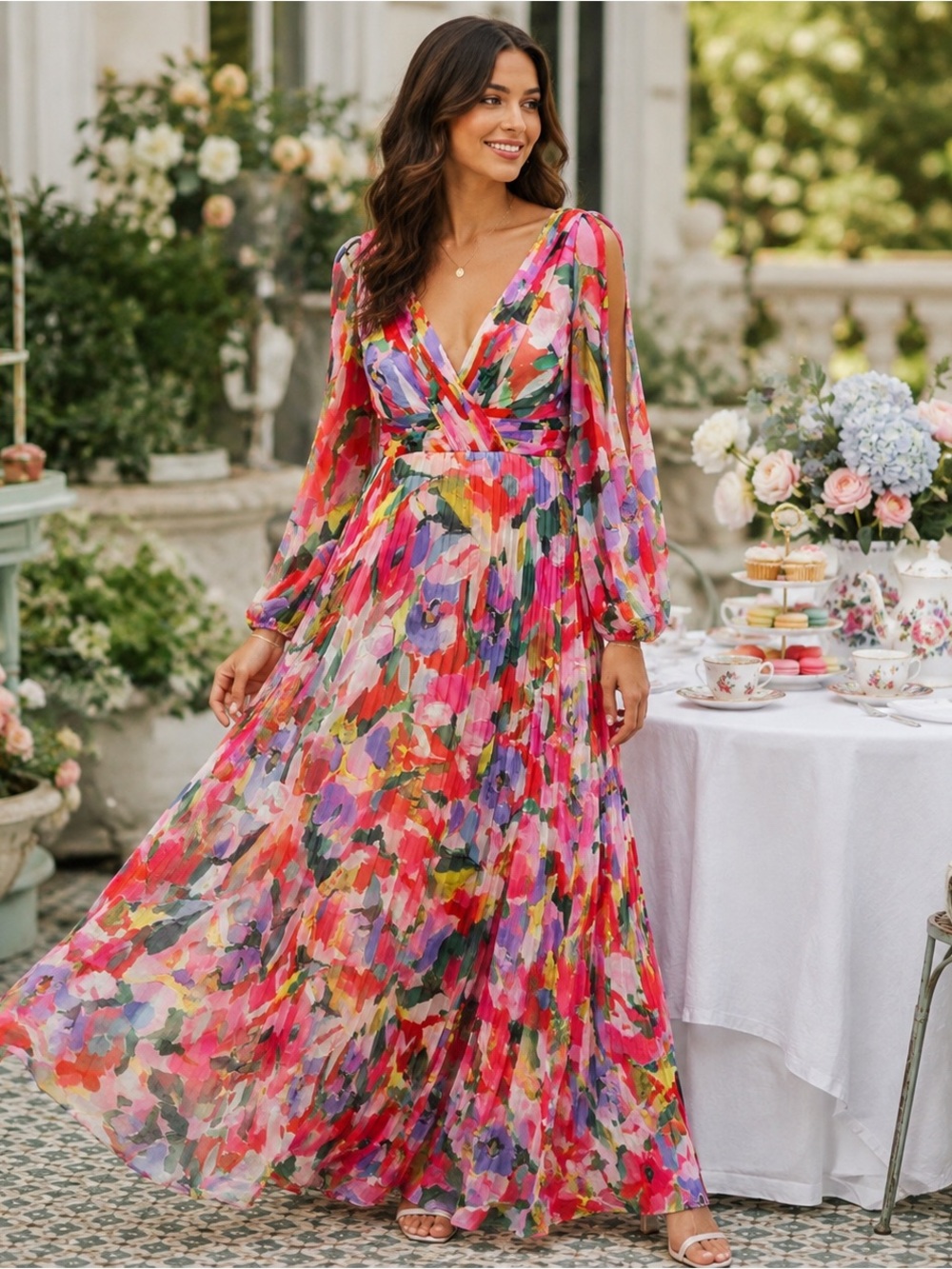 Betsy & Adam Floral Pleated Maxi Dress Size 8 NWT Long Sleeve Formal Gown